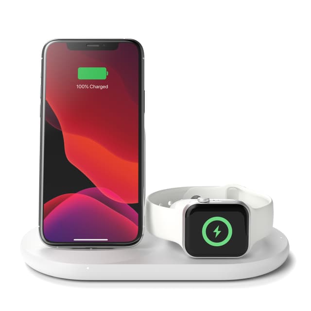 belkin boost charge 3 in 1 wireless charger 10w fast qi certified for iphone 11 11pro 11 pro max xs max xr xs x 8 plus 8 apple watch series 5 4 3 2 1 airpods pro qi enabled devices white