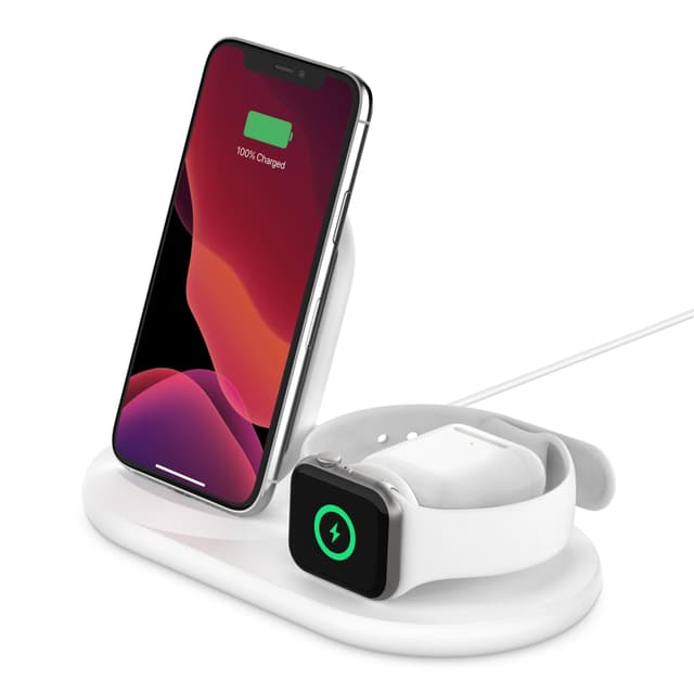 belkin boost charge 3 in 1 wireless charger 10w fast qi certified for iphone 11 11pro 11 pro max xs max xr xs x 8 plus 8 apple watch series 5 4 3 2 1 airpods pro qi enabled devices white