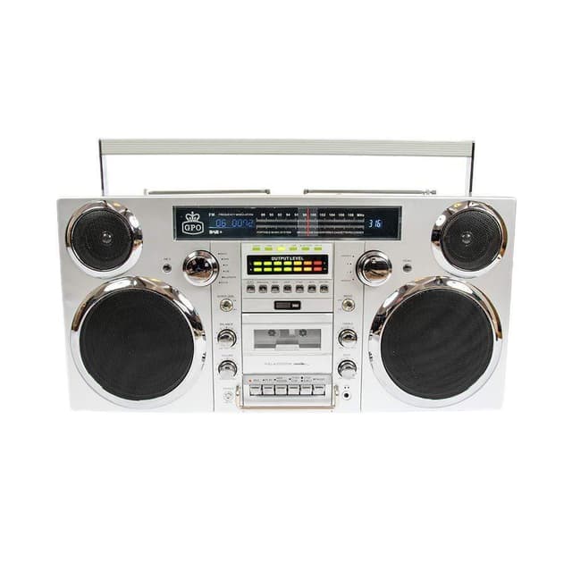 gpo retro brooklyn bluetooth boombox 80w cd cassette fm usb recording silver
