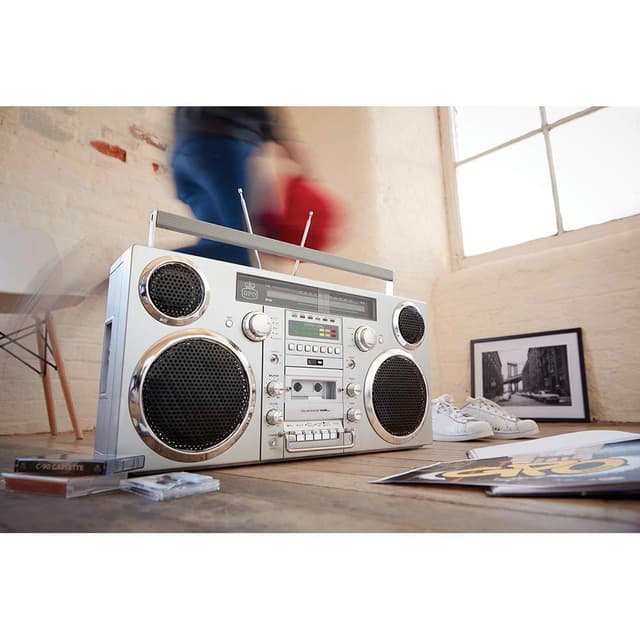 gpo retro brooklyn bluetooth boombox 80w cd cassette fm usb recording silver