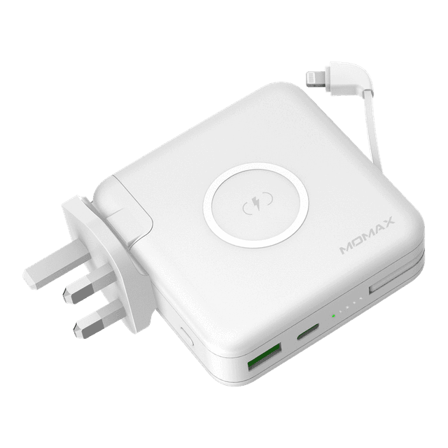 شاحن محمول مع باور بانك ومقبس Q.POWER WIRELESS PORTABLE PD CHARGER MOMAX - أبيض