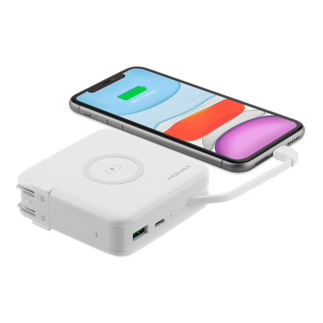 شاحن محمول مع باور بانك ومقبس Q.POWER WIRELESS PORTABLE PD CHARGER MOMAX - أبيض