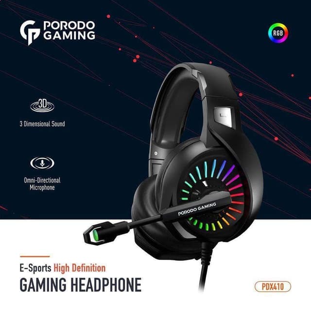 سماعة قيمنق مع مايك واضاءة بورودو Porodo PDX410 E-Sports High Definition RGB Gaming Headphone