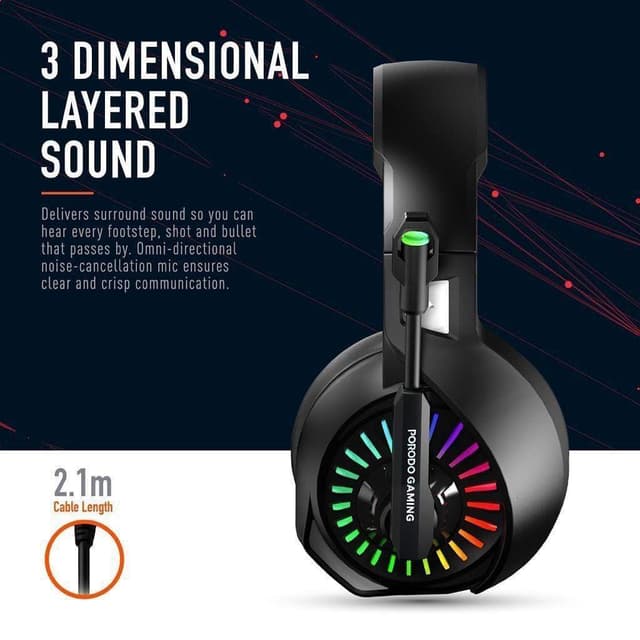 سماعة قيمنق مع مايك واضاءة بورودو Porodo PDX410 E-Sports High Definition RGB Gaming Headphone