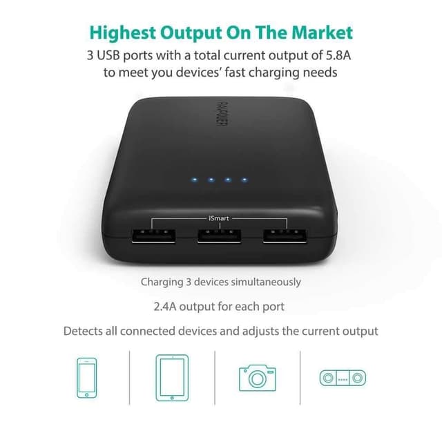 شاحن متنقل 22000 ملي أمبير ثلاثة منافذ أسود راف باور RAVPower External Battery Pack with Triple iSmart 2.0 USB Ports 