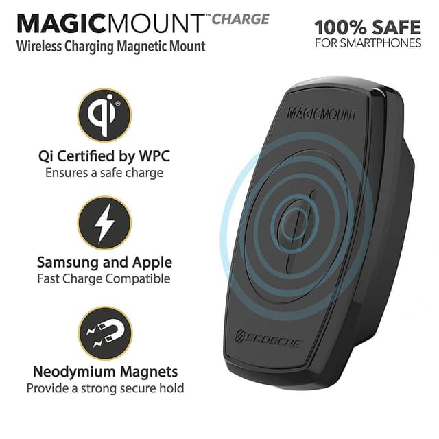 scosche magicmount charge 10w magnetic qi certified freeflow vent mount charger black