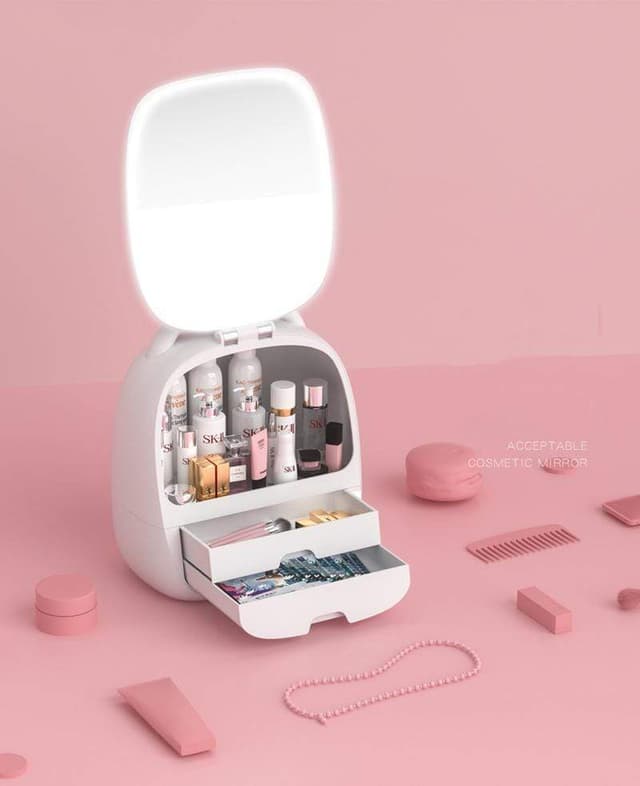 Xiaomi elfa magic box led light makeup organizer hd mirror cosmetic storage box protable creative beauty box detachable desktop organizer dropshipping showing date time temparature