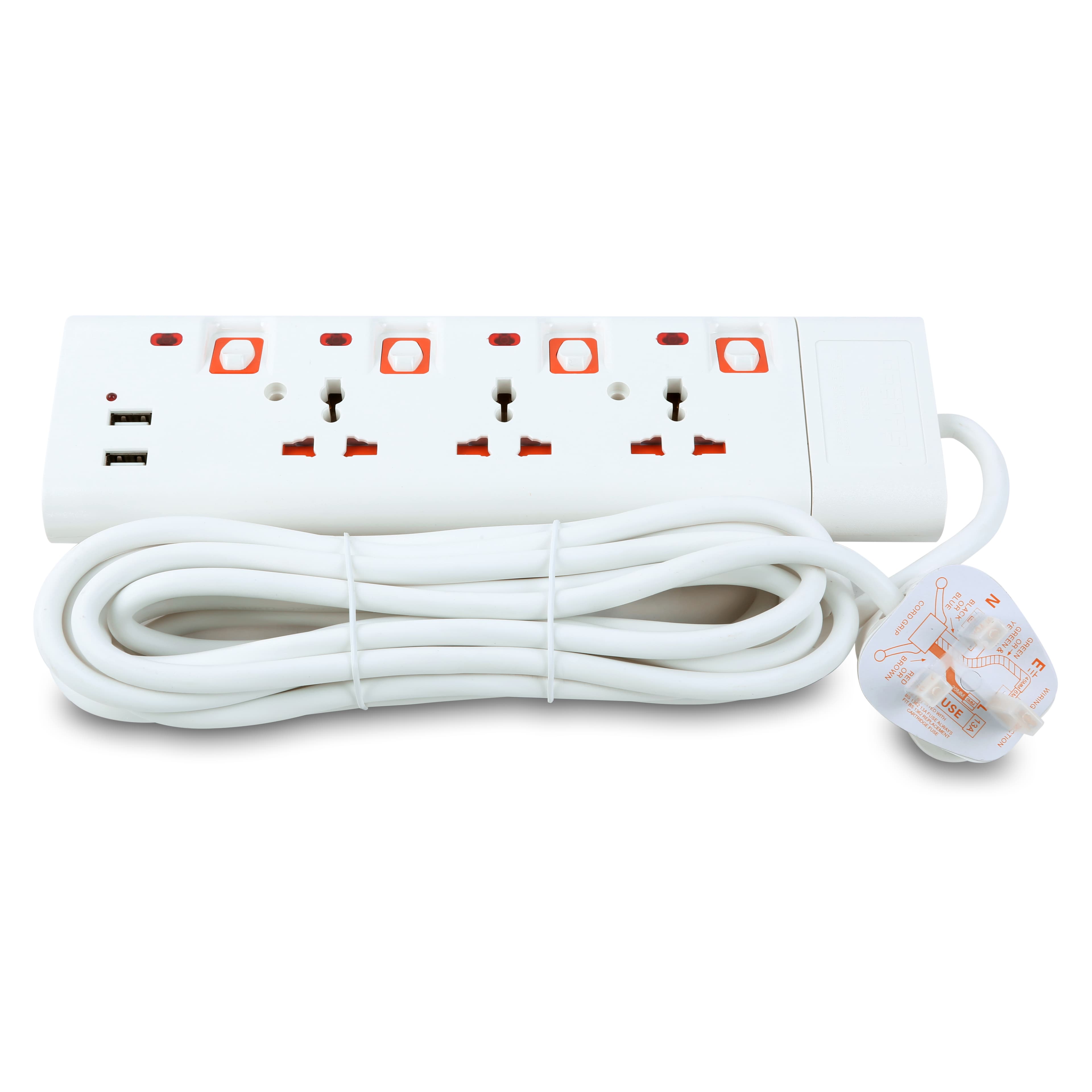Geepas 3 Way Extension Socket with 2 USB Port - 4 Power Switches with Led Indicators - Extra Long 5m Cord with Over Current Protected - Ideal for All Electronic Devices