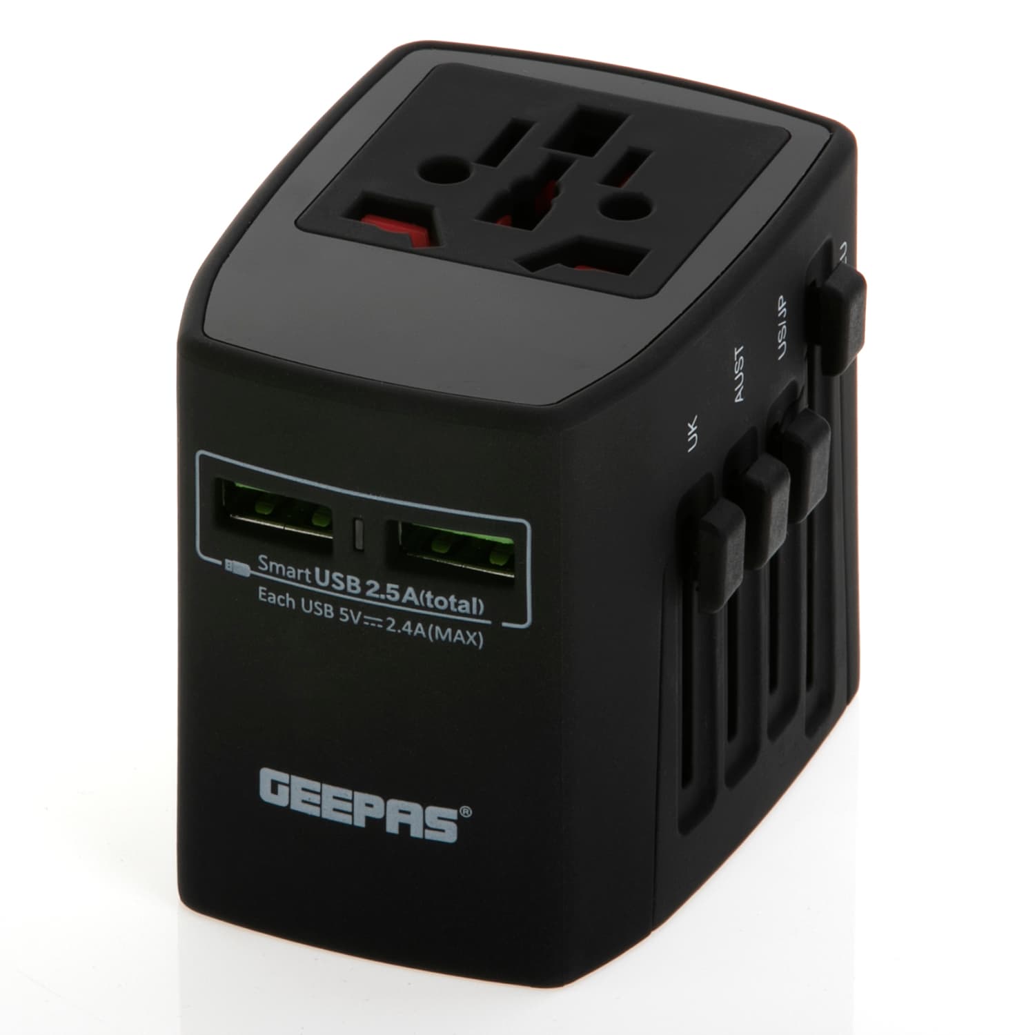 Geepas GA58024UK Universal Adapter For Electric Devices Up To 1840W At 230V, 880 W At 110W - Works In More Than 150 Countries, Has 2 Fuses And 5V, 2.4A Output - 2 Years Warranty