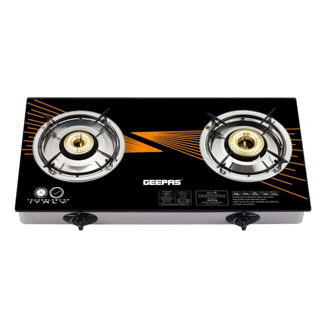 Geepas GK6879 2-Burner Gas Hob 70 mm & 90 mm - Tempered Glass Worktop - Automatic Ignition, 2 Heating Zones 4.5Kw- Stainless Steel Frame - 2 Years Warranty