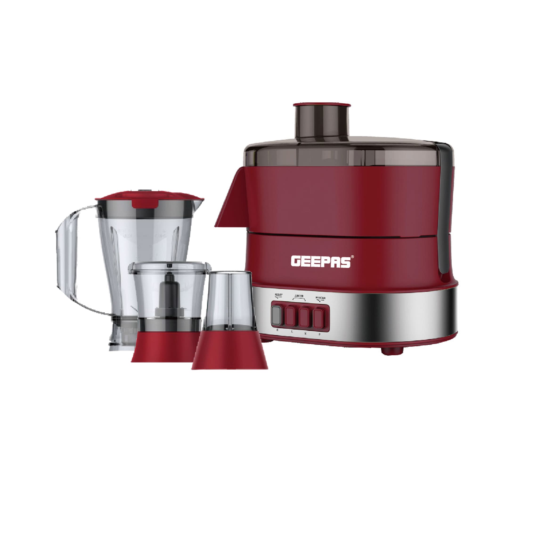 Geepas GSB9990 4-in-1 Food Processor - Electric Blender Juicer, 2-Speed with Pulse Function & Safety Interlock -Juicer, Blender & Coffee Mill Included