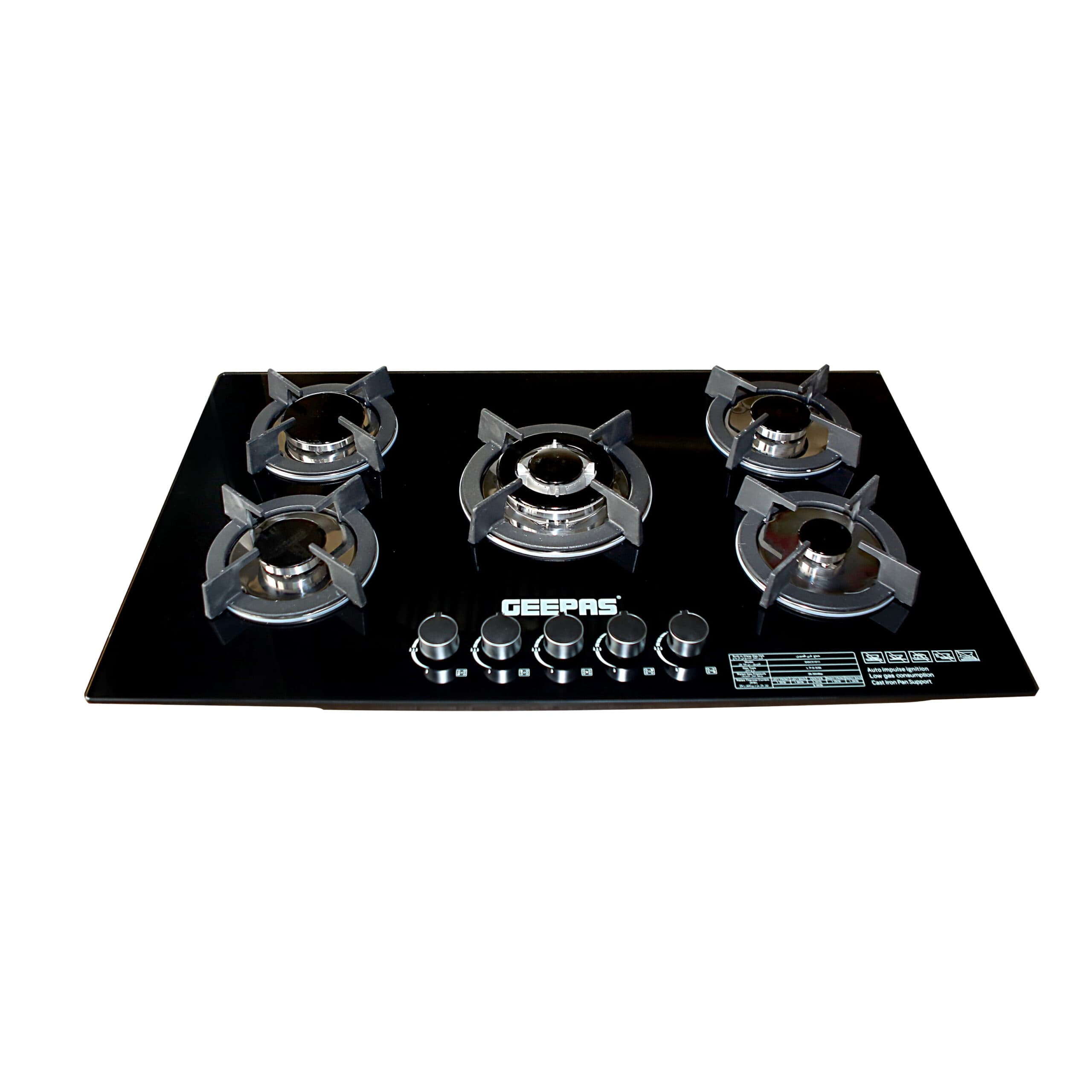 Geepas GGC31011 5 Burner Gas Hob - Attractive Design 8mm Tempered Glass Worktop Automatic Ignition 5 Heating Zones Stainless Steel Body