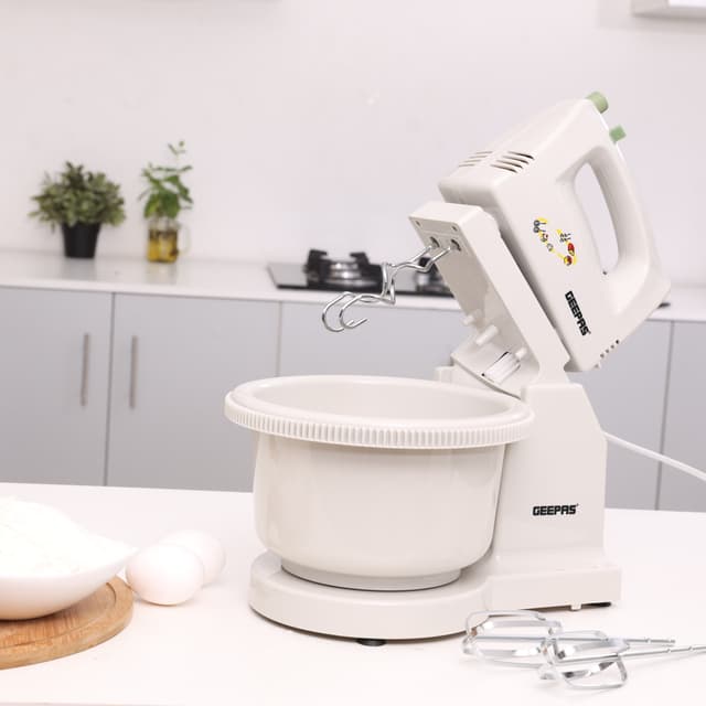 Geepas 250W Hand Mixer with Stand & Bowl - 5 Speed Controls with Detachable Stainless-Steel 2 Beater & 2 Dough Hooks -Ideal for Whipping, Blending & Beating