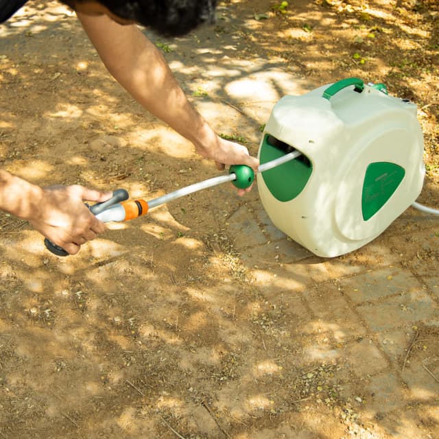 Geepas GWH59056 30M 1/2" Automatic Ready to Water Hose Reel with 180 Swivel Mounting Bracket, Lock Mechanism, Hose Fitting, Adjustable Hose Stop and More