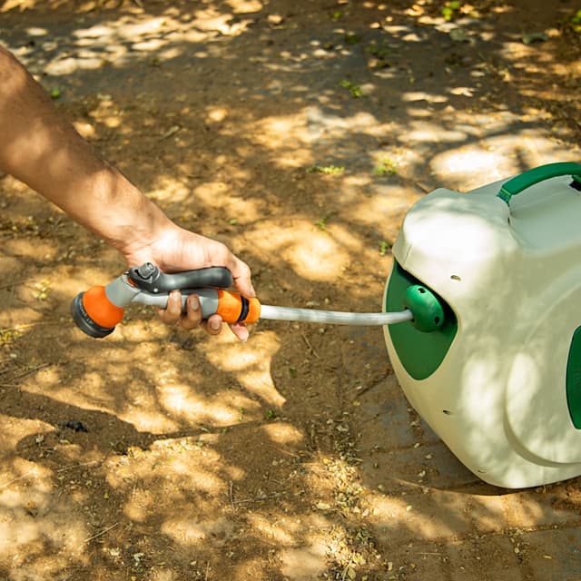 Geepas GWH59056 30M 1/2" Automatic Ready to Water Hose Reel with 180 Swivel Mounting Bracket, Lock Mechanism, Hose Fitting, Adjustable Hose Stop and More