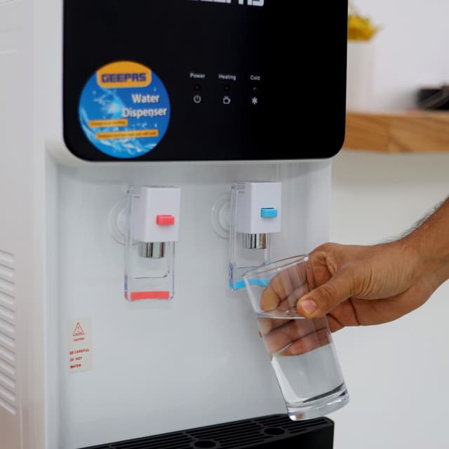 Geepas GWD8356 Water Dispenser - Hot & Cold Water Dispenser - Stainless Steel Tank, Compressor Cooling System, Child Lock - 2 Tap - 1L Hot and 2.8L Cold Water Capacity - 2 Years Warranty