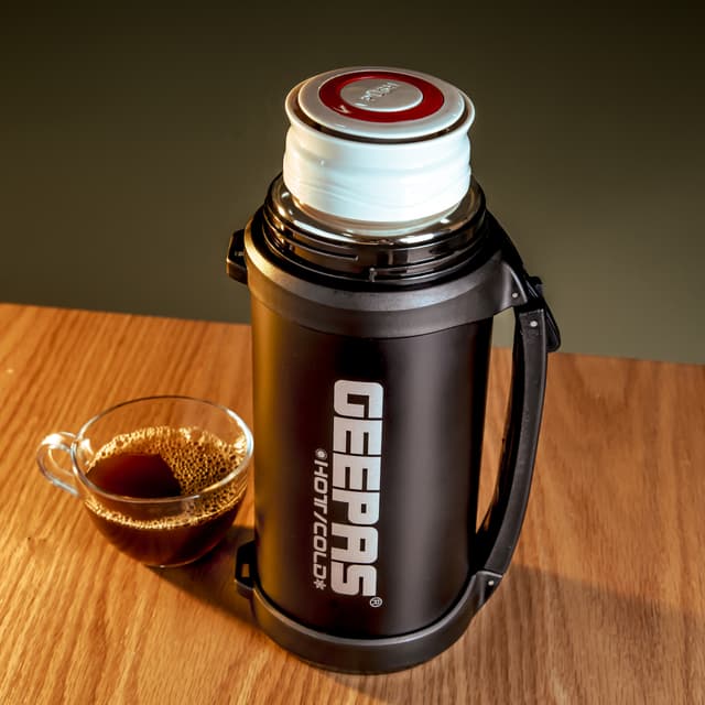 Geepas GSVB4111 Vacuum Flask, 1.5L - Stainless Steel Vacuum Bottle Keep Hot & Cold Antibacterial topper & Cup - Perfect for Outdoor Sports, Fitness, Camping, Hiking, Office, School - 2 Year Warranty