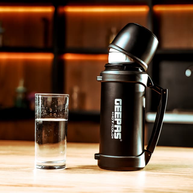 Geepas GSVB4111 Vacuum Flask, 1.5L - Stainless Steel Vacuum Bottle Keep Hot & Cold Antibacterial topper & Cup - Perfect for Outdoor Sports, Fitness, Camping, Hiking, Office, School - 2 Year Warranty