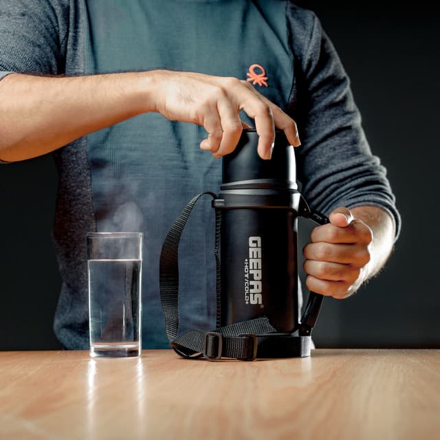 Geepas GSVB4111 Vacuum Flask, 1.5L - Stainless Steel Vacuum Bottle Keep Hot & Cold Antibacterial topper & Cup - Perfect for Outdoor Sports, Fitness, Camping, Hiking, Office, School - 2 Year Warranty