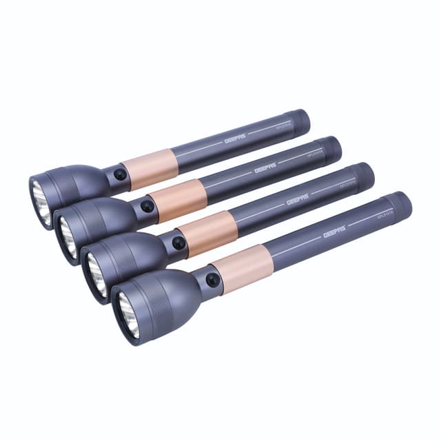 Geepas 4 In 1 Rechargeable Waterproof LED Flashlight - 330 Lumens Super bright Light with 2 Hours Continuous Working- Ideal for Campinf, Trekking, Patrolling & More