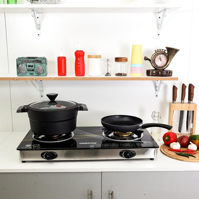 Geepas GK6879 2-Burner Gas Hob 70 mm & 90 mm - Tempered Glass Worktop - Automatic Ignition, 2 Heating Zones 4.5Kw- Stainless Steel Frame - 2 Years Warranty