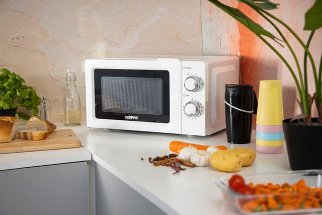Geepas 20L Microwave Oven 1100W Solo Microwave Oven with 5 Power Levels - Reheating, Defrost & 30 Minute Timer Function - 2 Rotary Dials - Oven for Standard Size of Dinner Plate - 2 Year Warranty