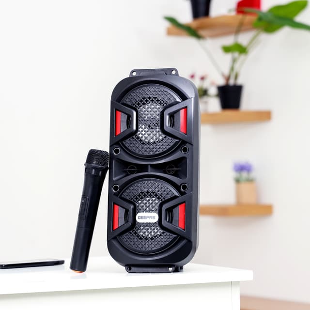 Geepas Rechargeable Portable Speaker - Portable Handle with 1500 MAH Huge Battery- TWS Connection & Compatible with BT/ USB/ AUX/ FM/ Micro SD - Ideal for Home, Hotels, Trips & Outdoor Use