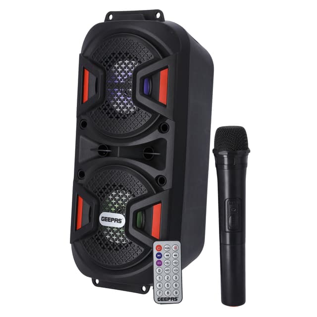 Geepas Rechargeable Portable Speaker - Portable Handle with 1500 MAH Huge Battery- TWS Connection & Compatible with BT/ USB/ AUX/ FM/ Micro SD - Ideal for Home, Hotels, Trips & Outdoor Use