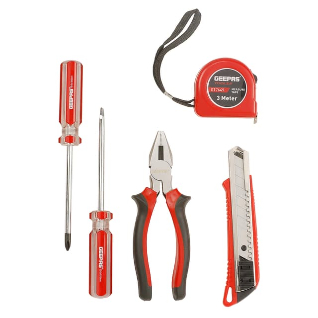 Geepas GT7649N 5-in-1 Combination Tool Set, Color Red, Includes Combination Pliers, Slot And Cross Screwdrivers, Measuring Tapeline, Utility Cutter