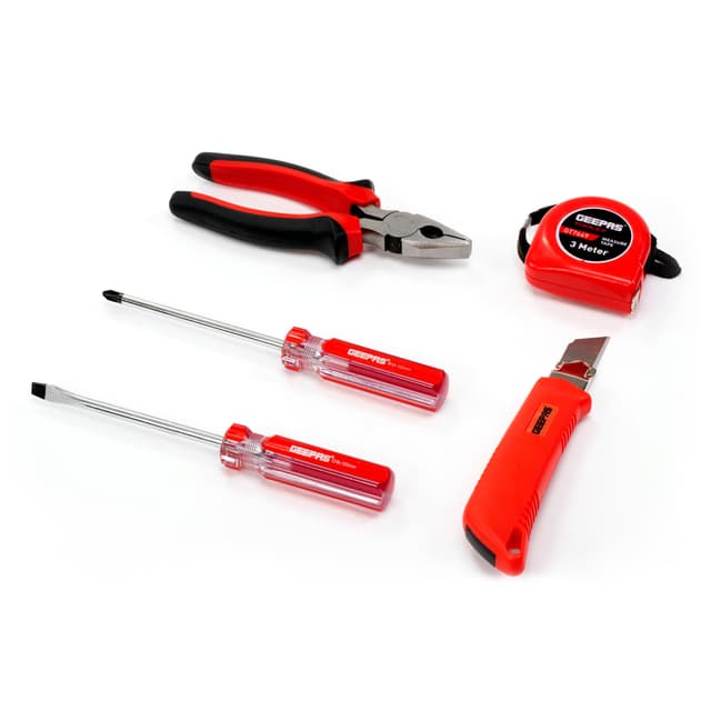 Geepas GT7649N 5-in-1 Combination Tool Set, Color Red, Includes Combination Pliers, Slot And Cross Screwdrivers, Measuring Tapeline, Utility Cutter