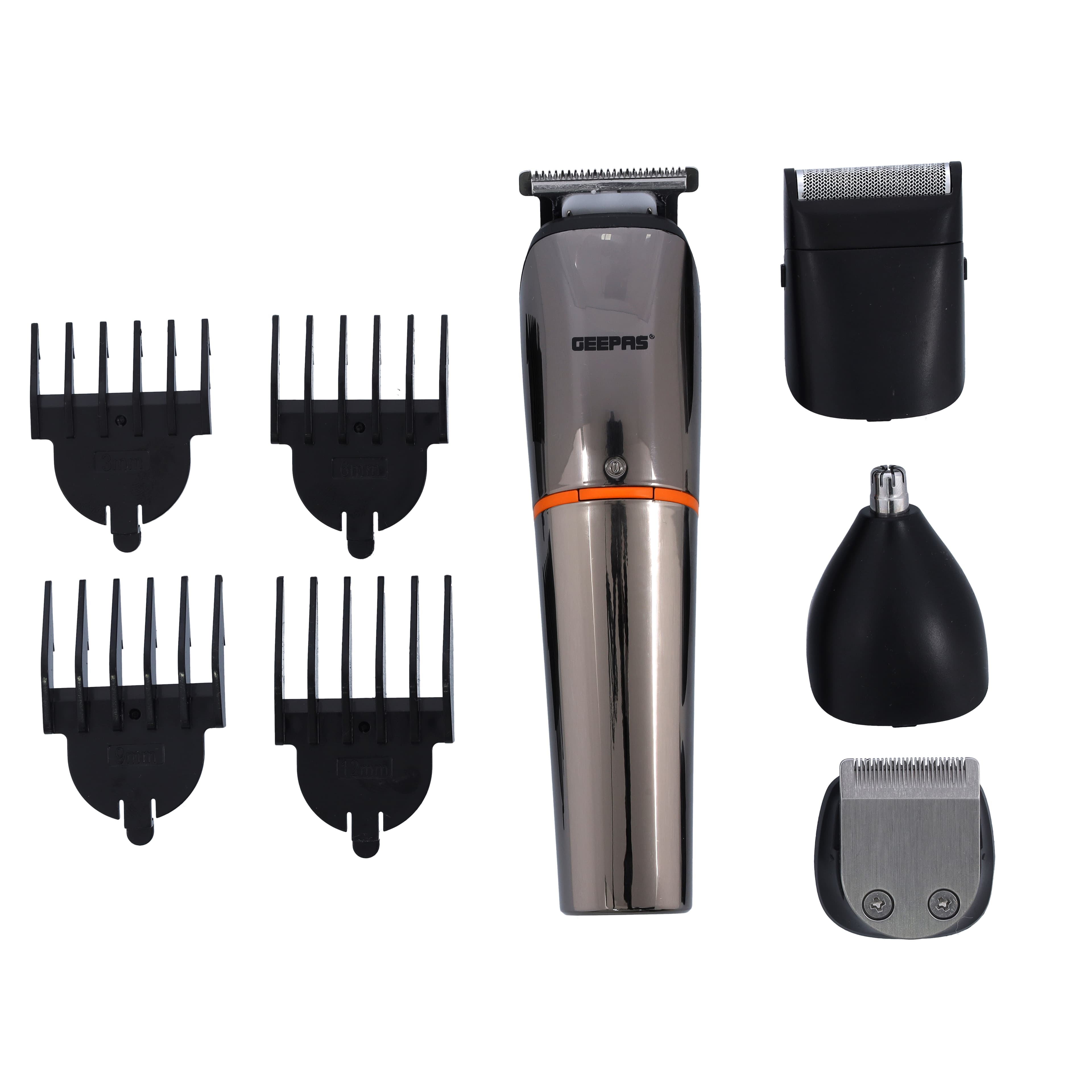 Geepas 9 in 1 Hair Trimmer 600mAh battery - Portable Cordless Hair Clippers, Grooming Kit with Stand, Digital Display - Trimming Kit with 4 Interchangeable Heads for Styling Beard