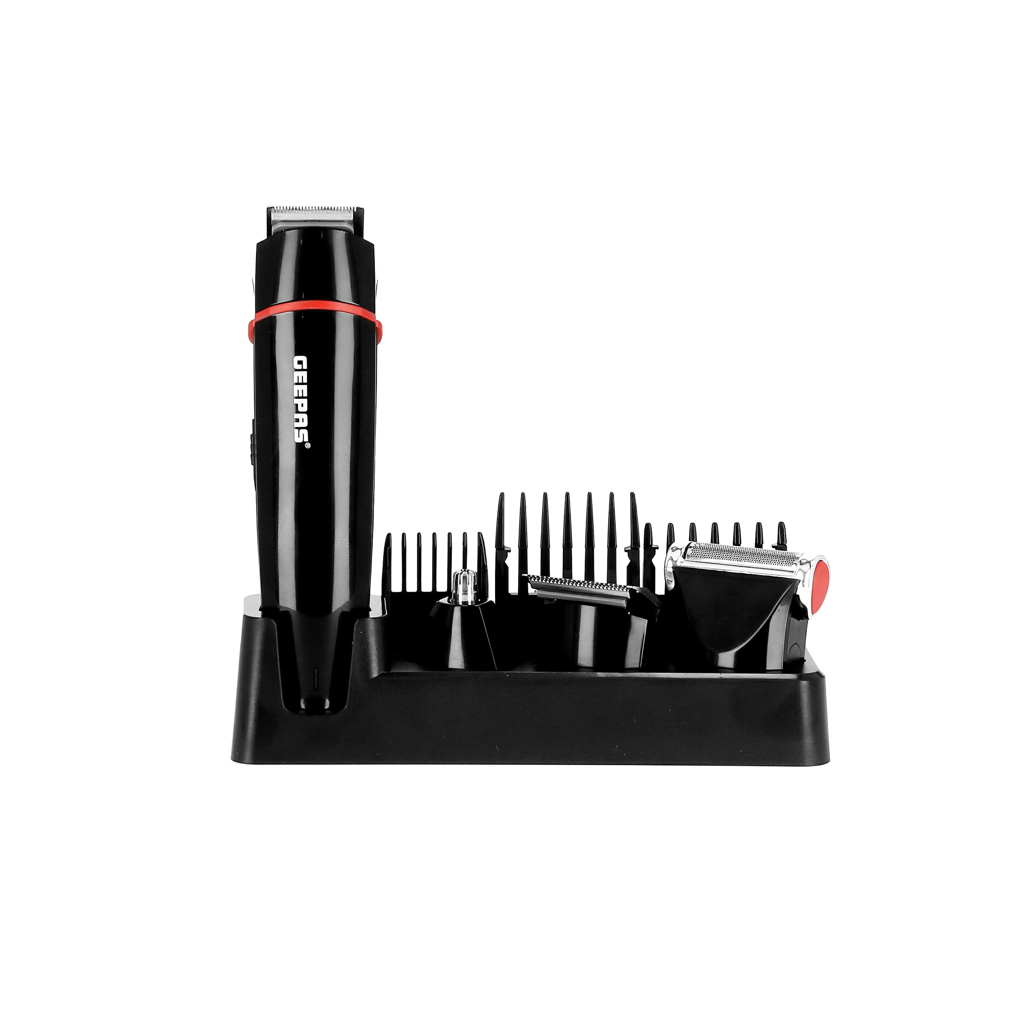 Geepas Gtr8128n 7 In 1 Hair Trimmer 500mah - Cordless Clippers Grooming Kit With Stand Led Indicators | 5 Interchangeable Heads For Shaving Detailing Beards Stubble Nose And Body