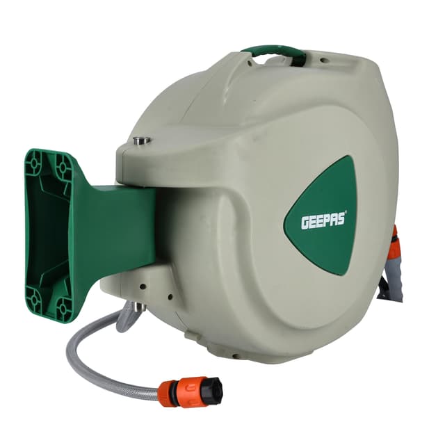 Geepas GWH59056 30M 1/2" Automatic Ready to Water Hose Reel with 180 Swivel Mounting Bracket, Lock Mechanism, Hose Fitting, Adjustable Hose Stop and More