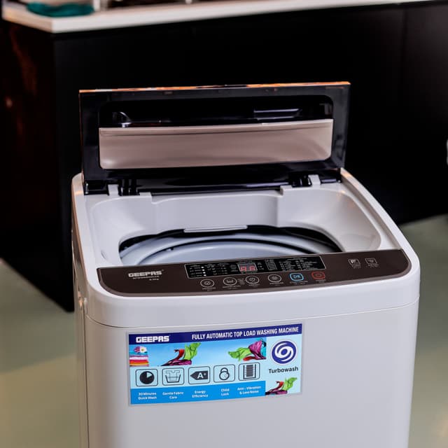 Geepas Fully Automatic Top Loaded Washing Machine 6kg - Auto-Imbalance, Gentle Fabric Care, Turbo Wash, Anti Vibration & Noise, Child Lock, Stainless Steel Drum