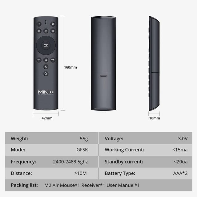 MINIX NEO M2 2.4G Motion Sensing Smart Remote Wireless Air Mouse with Voice Six-Axis Gyroscope Remot for MINIX Smart TV Box,PC - Black