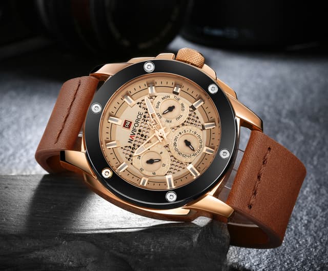 ساعة يد مع حزام جلدي للرجال 9116 Analog Men's Watch With Leather Strap - Naviforce