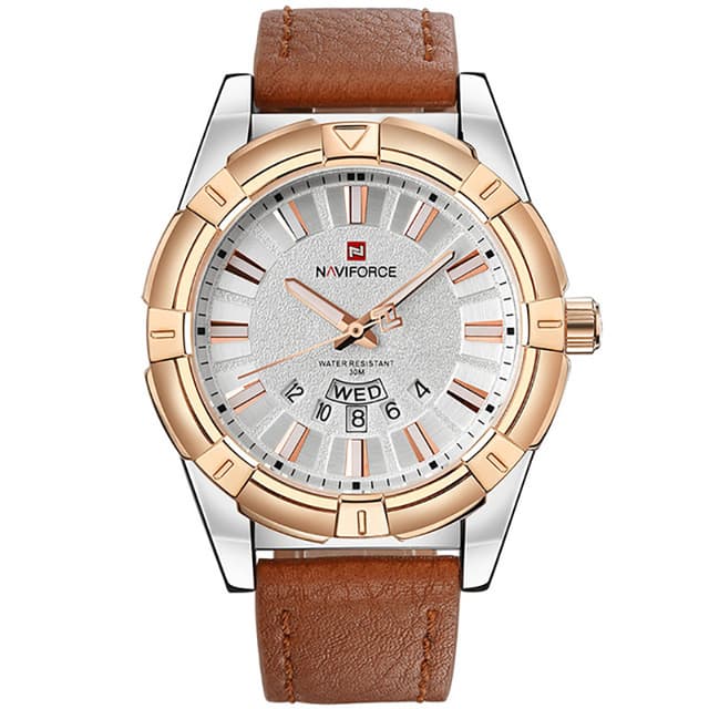 Naviforce 9118 Analog leather Men's Waterproof Sport Watch with Date and Day Display - White - White