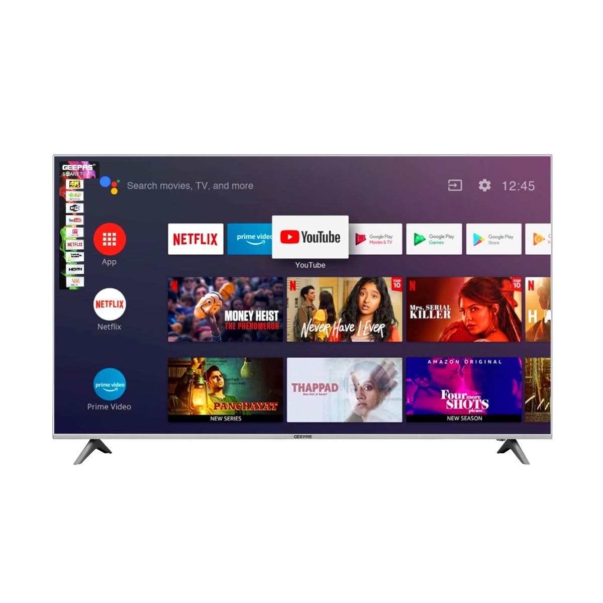Geepas 65" Smart LED TV - Mirror Cast, 3.5mm, 3 HDMI & 2 USB Ports - Wifi, Android 7.0 with E-Share - Comes Application Like Youtube, Netflix, Amazon Prime - 1 Years Warranty