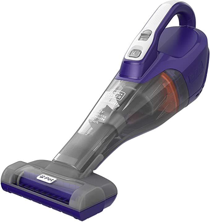 BLACK&DECKER Black+Decker 12V 1.5Ah Li Ion 400ml Cordless Dustbuster Handheld Pet Care Vacuum with Motorized Pet Head Jack Plug Charger & Wall Mount for Home & Car Purple/Grey  DVB315JP GB 2 Years Warranty