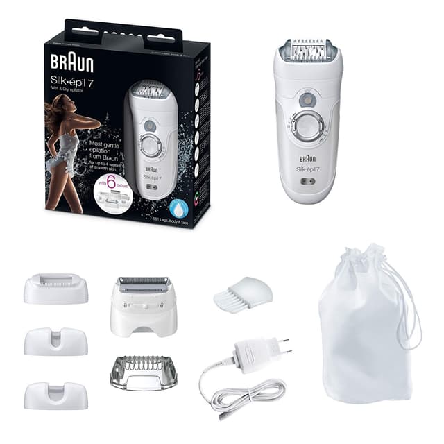 براون لازالة الشعر ( كهربائي ) 4 رؤوس - ابيض BRAUN - Silk-Epil 7 7-561 Wet And Dry Cordless Epilator
