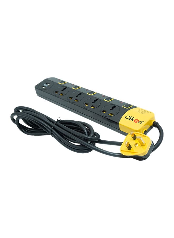 ClikOn 4 Way Socket Extension Adapter With USB Port CK557 N Black/Yellow