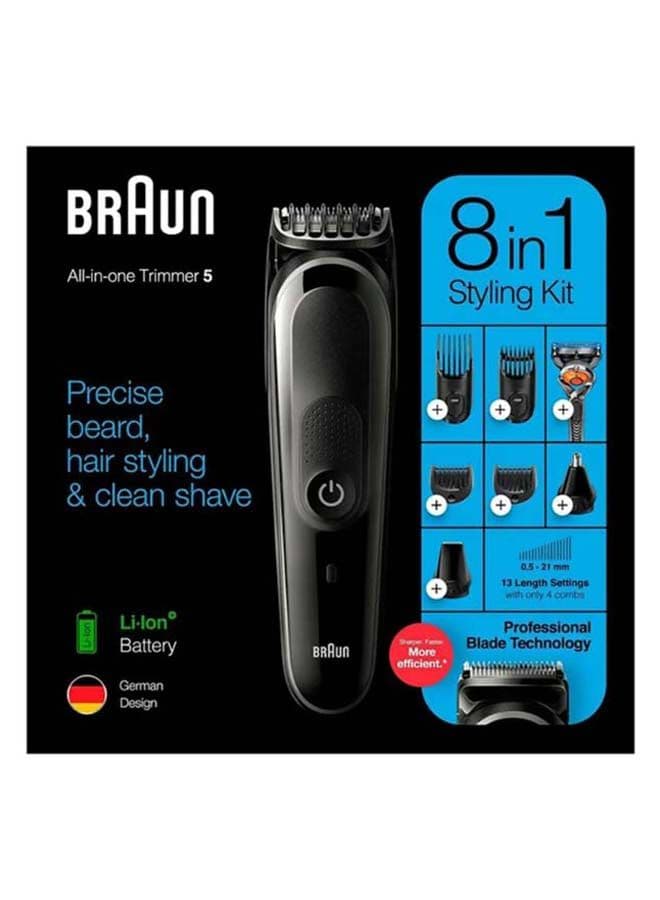 BRAUN 8 Piece All In One Trimmer 5 Beard Trimmer With Gillette Fusion 5 ProGlide Razor Set MGK5260 Black 240watts