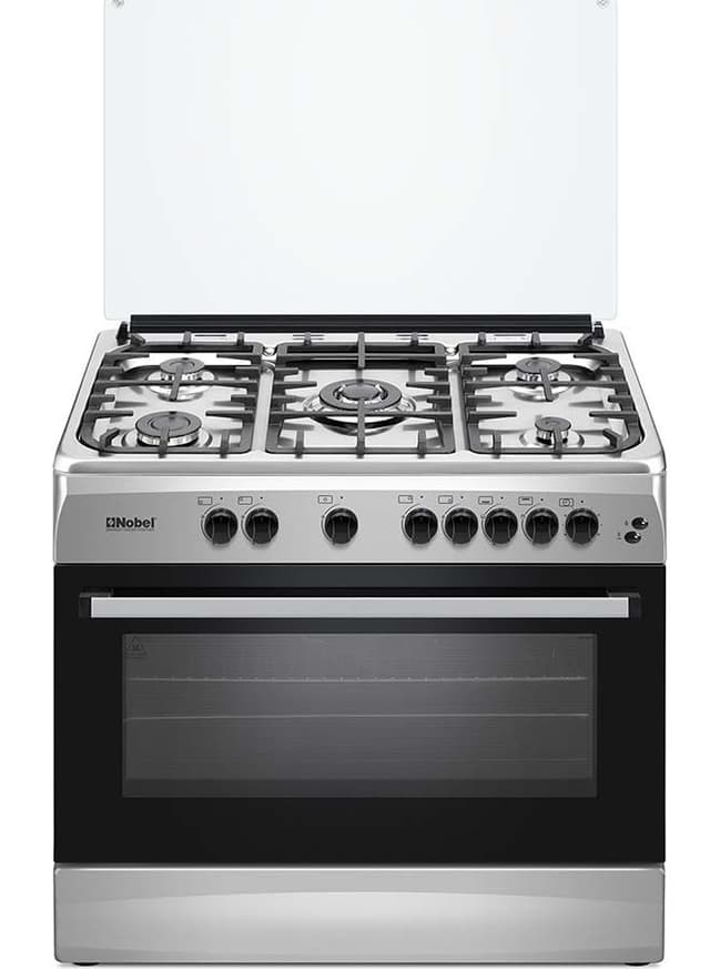 موقد غاز منزلي 5 رؤوس مع فرن NOBEL - Gas Cooker Silver Full Safety Ffd Gas Oven