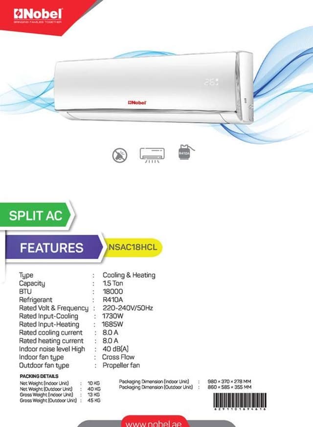 NOBEL Split AC 1.5 Ton 1730 W NSAC18HCL White