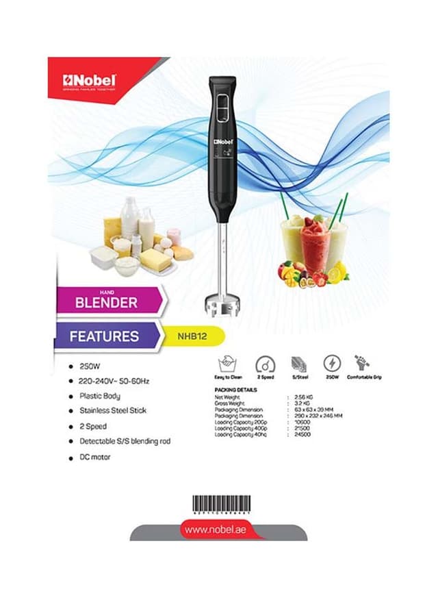 NOBEL Stick Blender With Stainless Steel Blades 2.65 kg 400 W NHB12 Black