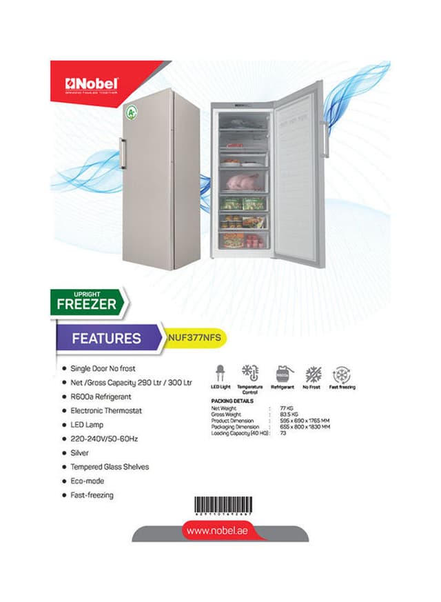 NOBEL Upright Freezer 290 l 335 W NUF377NFS Silver