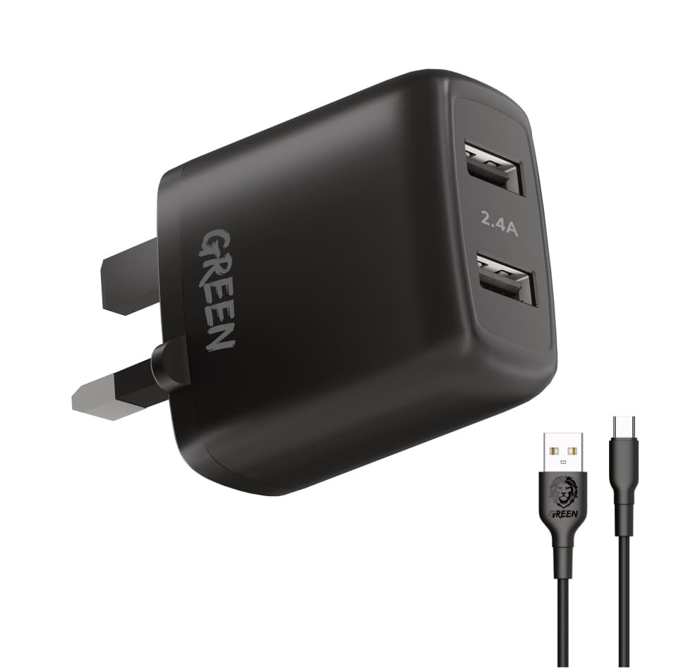 شاحن الجوال بمدخلين بقوة 12 واط مع كيبل Green Lion Charger Dual USB Port Wall Charger 12W UK with PVC Type-C Cable