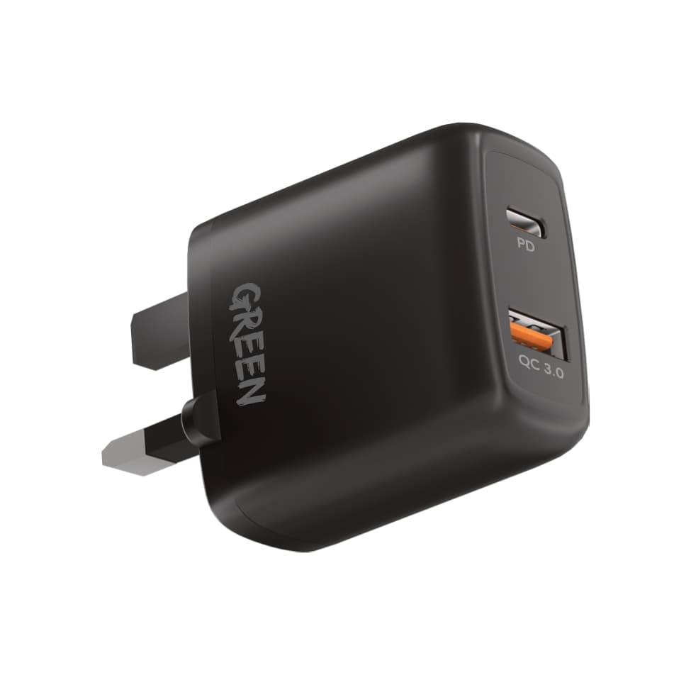 Green Lion Green Dual USB Port Wall Charger PD+QC3.0 20W UK - Black