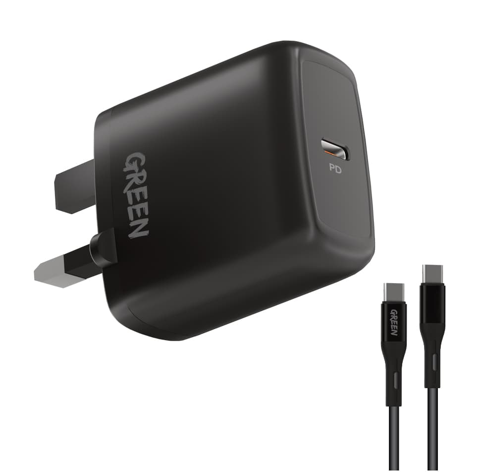 شاحن الجوال بمدخلين بقوة 20 واط مع كيبل Dual USB Port Wall Charger  20W UK with PVC Type-C to Lightning Cable 1.2M - Green
