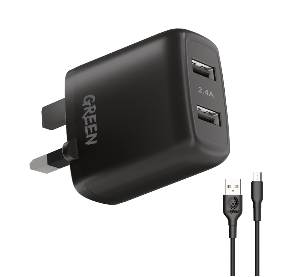 Green Lion Green Dual USB Port Wall Charger 12W UK with PVC Micro USB Cable 1.2M - Black